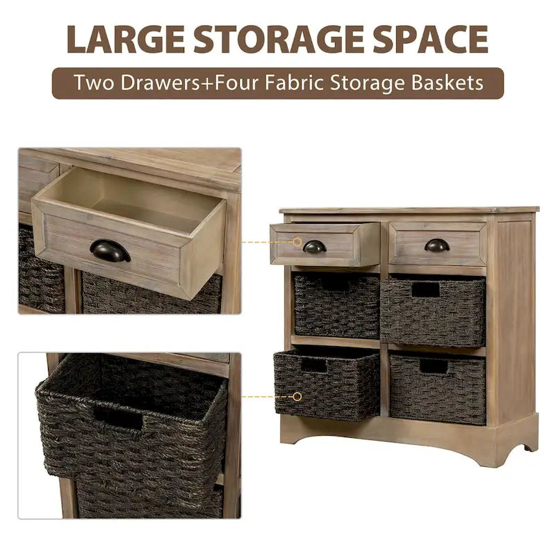 Solid Wood Cabinet with 2 Drawers and 4 Rattan Baskets No Assembly Required