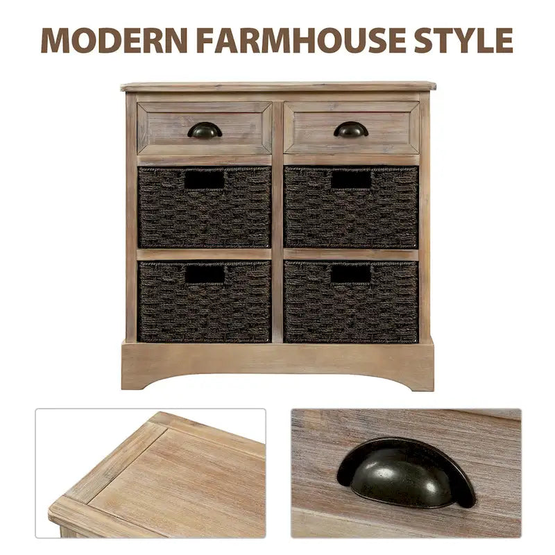 Solid Wood Cabinet with 2 Drawers and 4 Rattan Baskets No Assembly Required