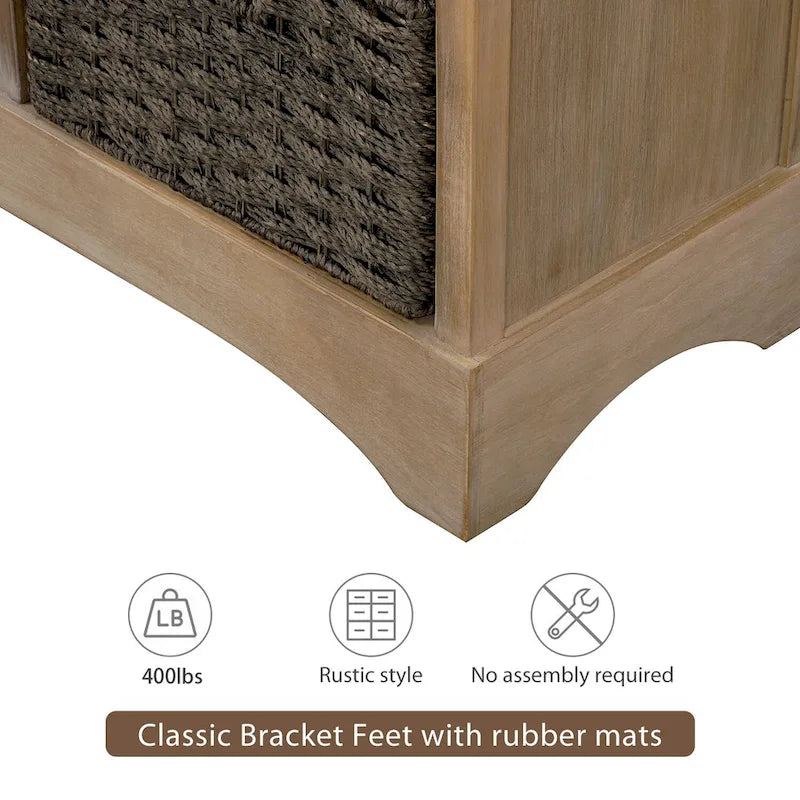 Solid Wood Cabinet with 2 Drawers and 4 Rattan Baskets No Assembly Required