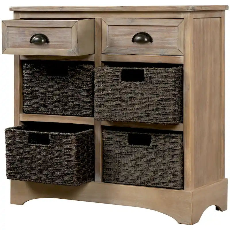 Solid Wood Cabinet with 2 Drawers and 4 Rattan Baskets No Assembly Required