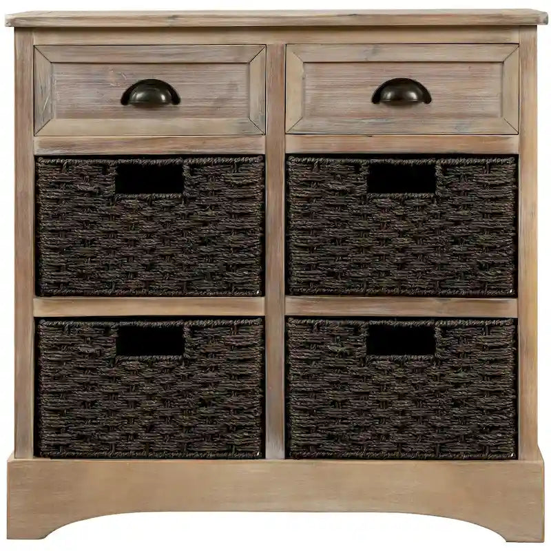 Solid Wood Cabinet with 2 Drawers and 4 Rattan Baskets No Assembly Required