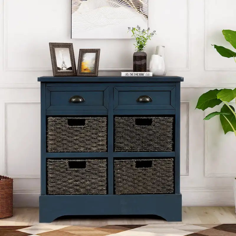 Solid Wood Cabinet with 2 Drawers and 4 Rattan Baskets No Assembly Required