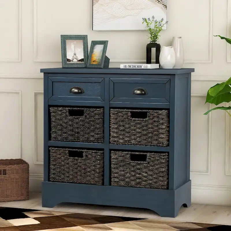 Solid Wood Cabinet with 2 Drawers and 4 Rattan Baskets No Assembly Required