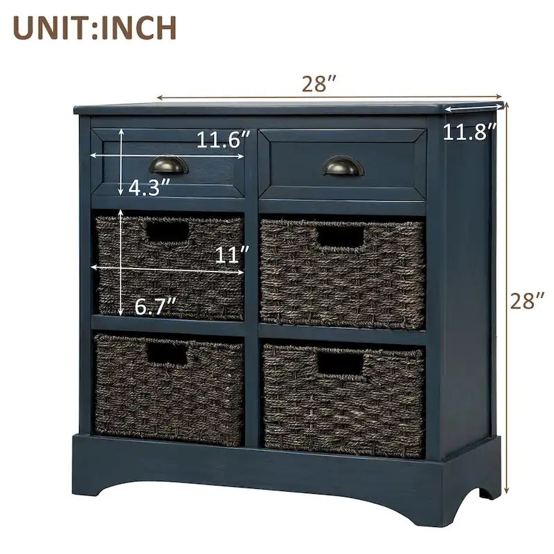 Solid Wood Cabinet with 2 Drawers and 4 Rattan Baskets No Assembly Required