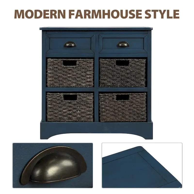 Solid Wood Cabinet with 2 Drawers and 4 Rattan Baskets No Assembly Required