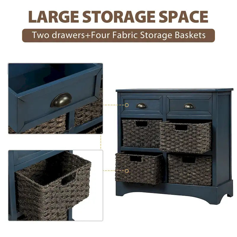 Solid Wood Cabinet with 2 Drawers and 4 Rattan Baskets No Assembly Required