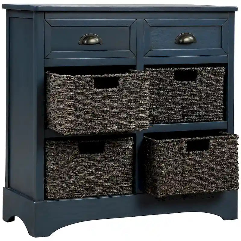 Solid Wood Cabinet with 2 Drawers and 4 Rattan Baskets No Assembly Required