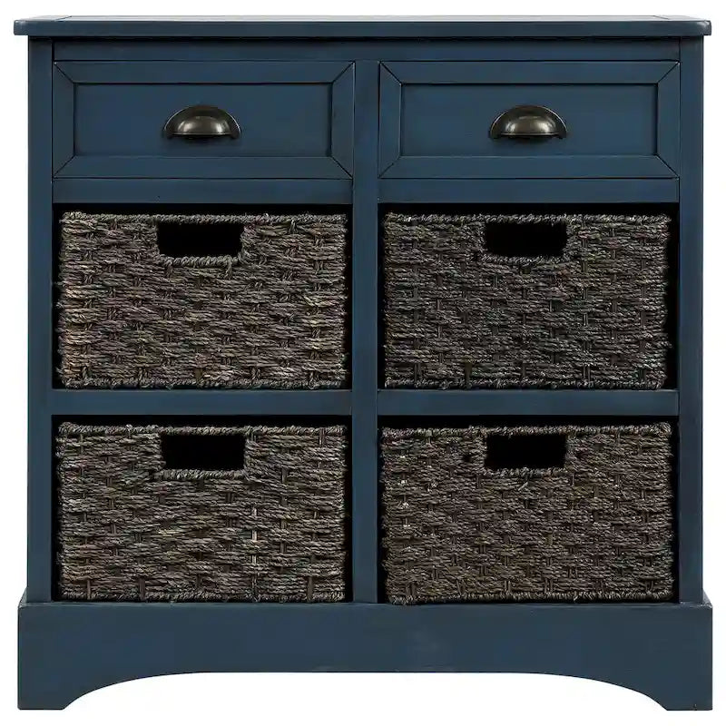Solid Wood Cabinet with 2 Drawers and 4 Rattan Baskets No Assembly Required