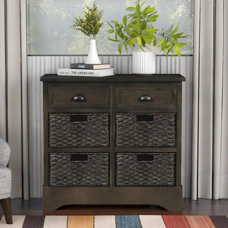 Solid Wood Cabinet with 2 Drawers and 4 Rattan Baskets No Assembly Required