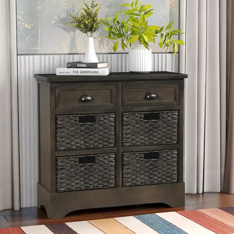 Solid Wood Cabinet with 2 Drawers and 4 Rattan Baskets No Assembly Required