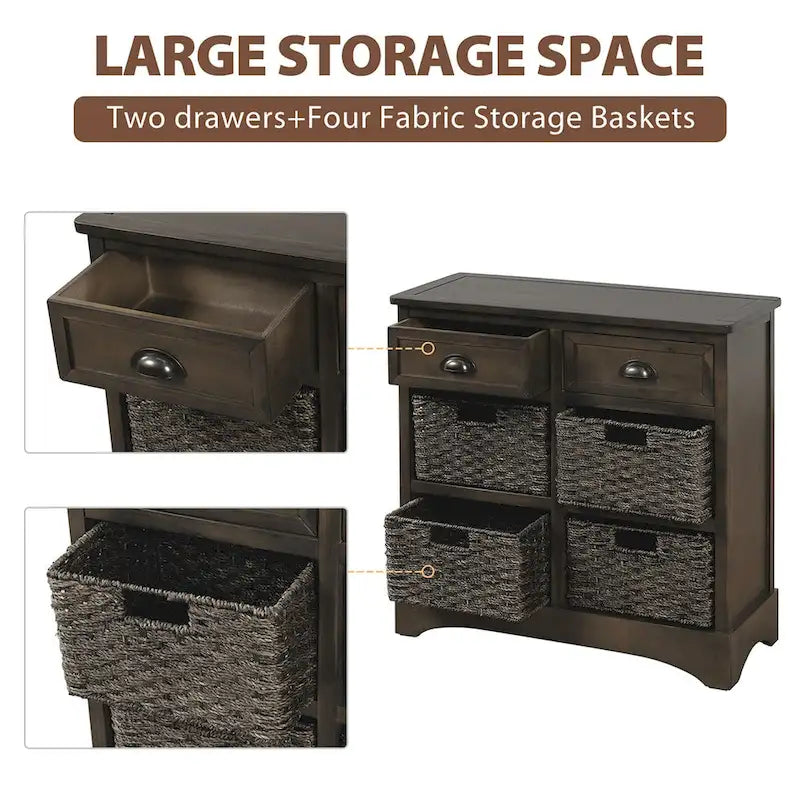 Solid Wood Cabinet with 2 Drawers and 4 Rattan Baskets No Assembly Required