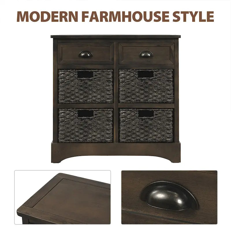 Solid Wood Cabinet with 2 Drawers and 4 Rattan Baskets No Assembly Required