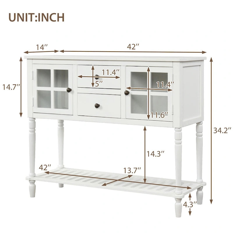 Retro Sideboard Console Table with Glass Cabinets Drawers and Bottom Shelf 42 in.