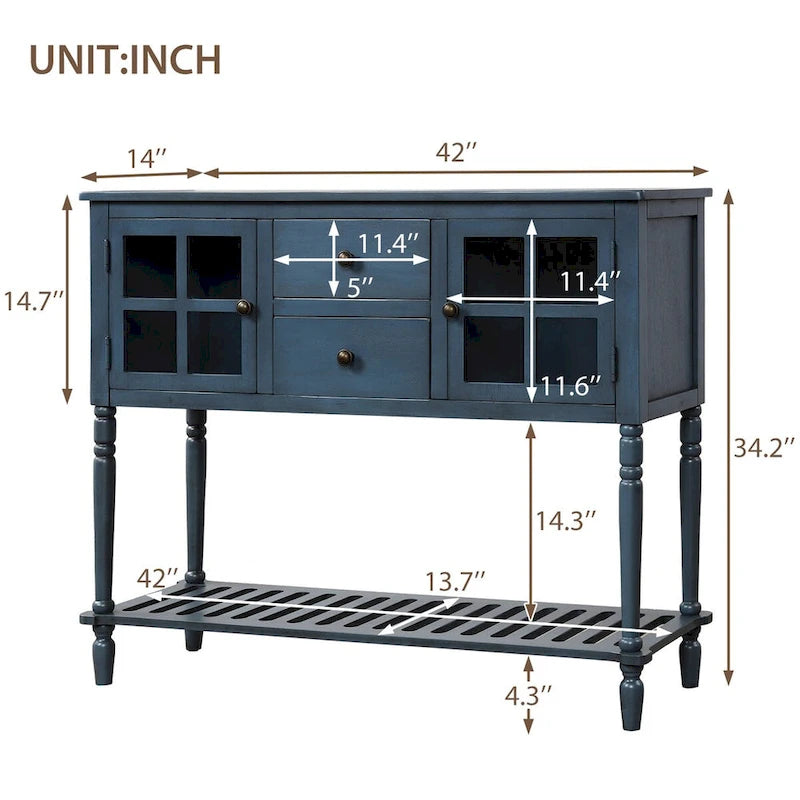 Retro Sideboard Console Table with Glass Cabinets Drawers and Bottom Shelf 42 in.