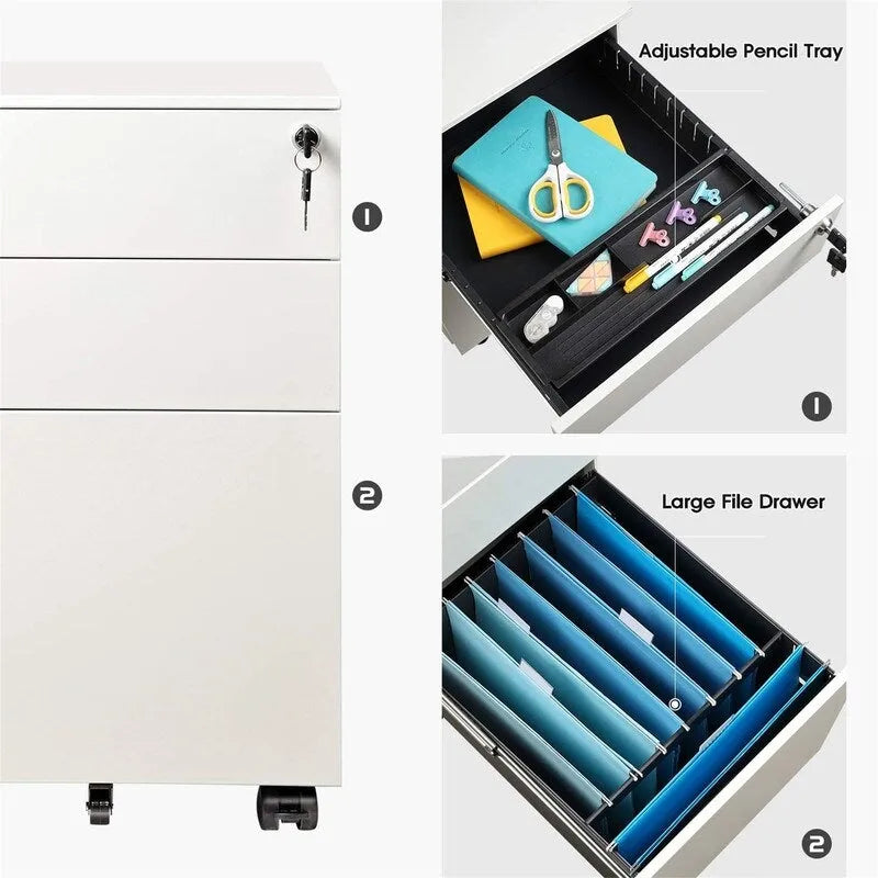 3-Drawer Rolling Under-Desk Filing Cabinet with Lock and Casters