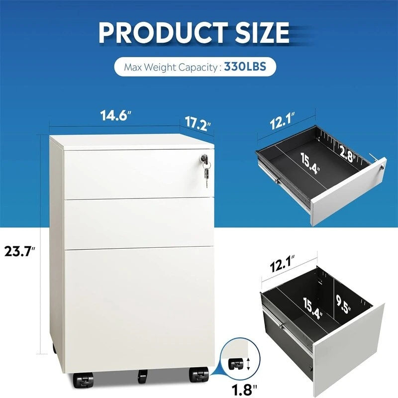 3-Drawer Rolling Under-Desk Filing Cabinet with Lock and Casters