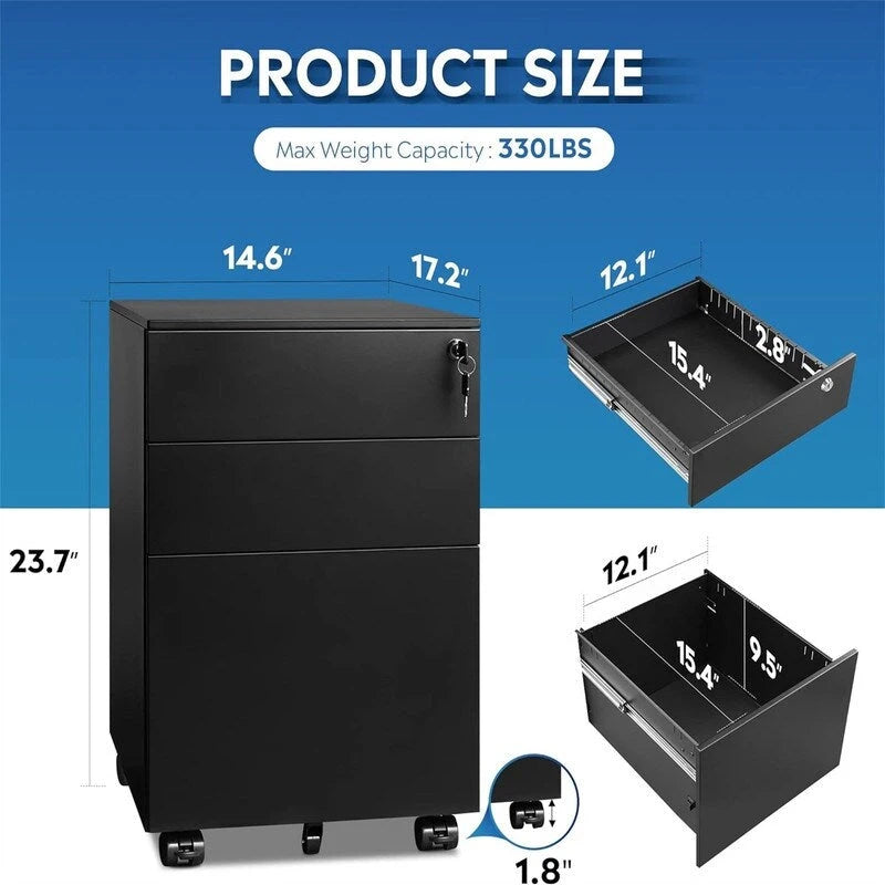 3-Drawer Rolling Under-Desk Filing Cabinet with Lock and Casters