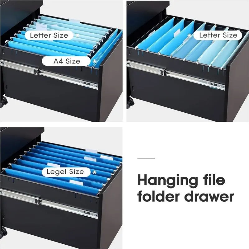 3-Drawer Rolling Under-Desk Filing Cabinet with Lock and Casters