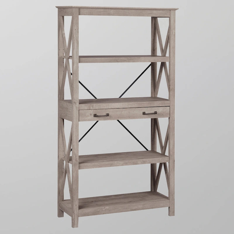Farmhouse 4 Shelf Bookcase with 2 Drawers and X Cross Accents 61.25 in.