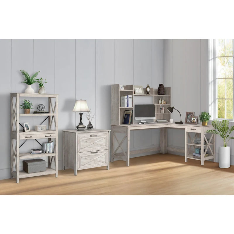 Farmhouse 4 Shelf Bookcase with 2 Drawers and X Cross Accents 61.25 in.