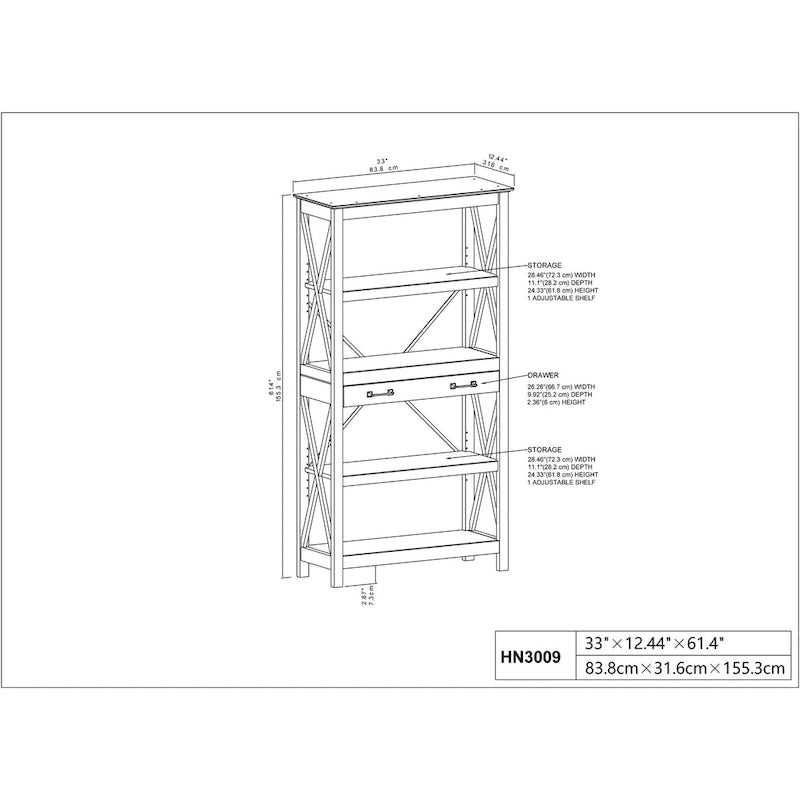 Farmhouse 4 Shelf Bookcase with 2 Drawers and X Cross Accents 61.25 in.