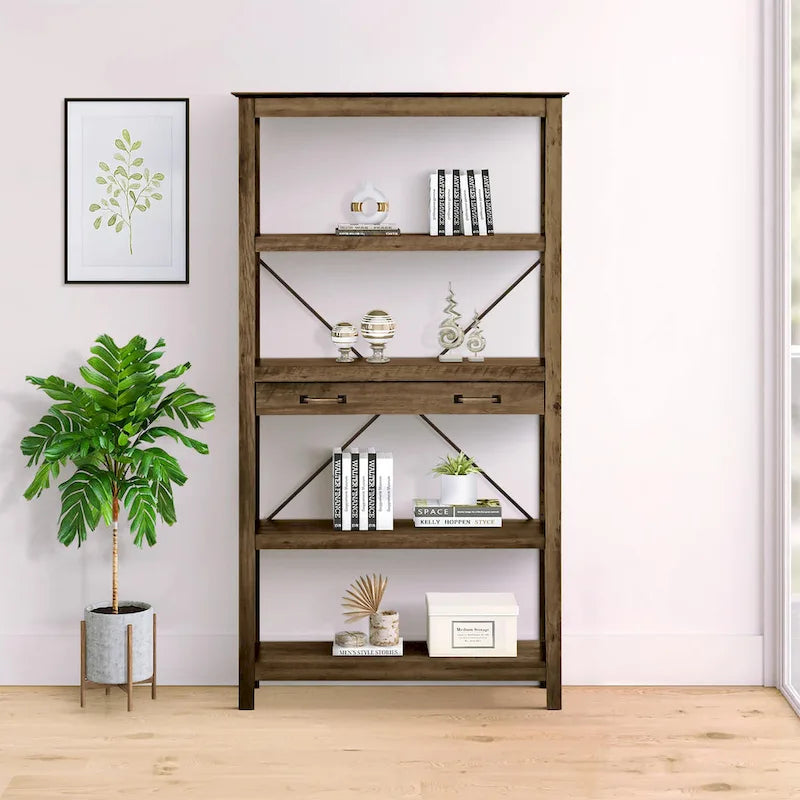 Farmhouse 4 Shelf Bookcase with 2 Drawers and X Cross Accents 61.25 in.