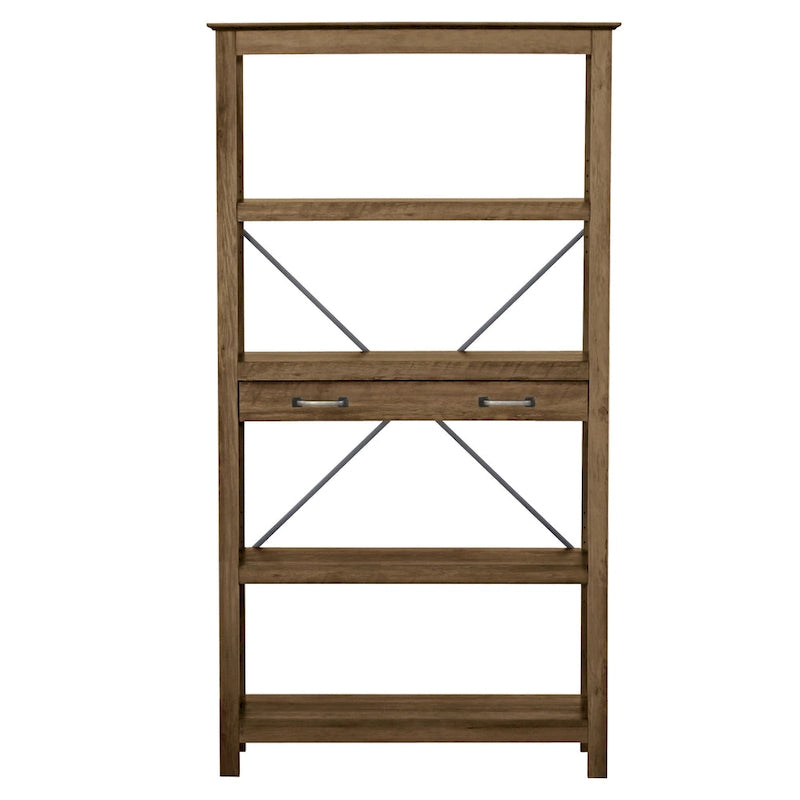 Farmhouse 4 Shelf Bookcase with 2 Drawers and X Cross Accents 61.25 in.