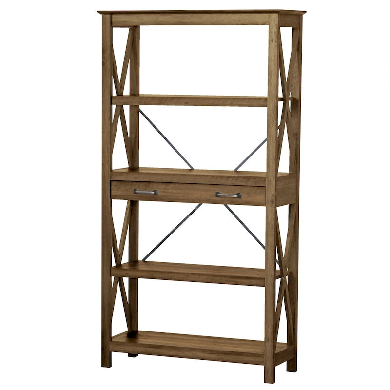 Farmhouse 4 Shelf Bookcase with 2 Drawers and X Cross Accents 61.25 in.