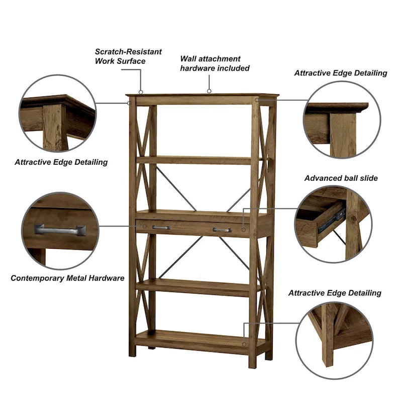 Farmhouse 4 Shelf Bookcase with 2 Drawers and X Cross Accents 61.25 in.