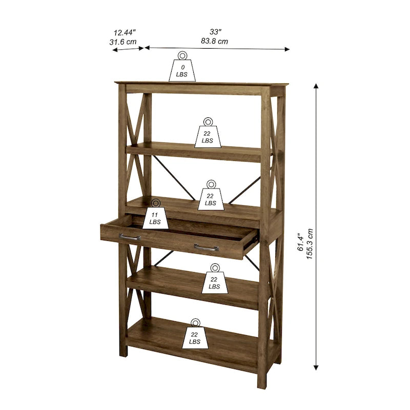 Farmhouse 4 Shelf Bookcase with 2 Drawers and X Cross Accents 61.25 in.