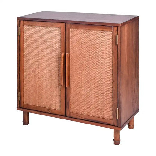 2 Door Wood Cabinet with Rattan Panel Doors and Adjustable Shelf Brown 34 in.