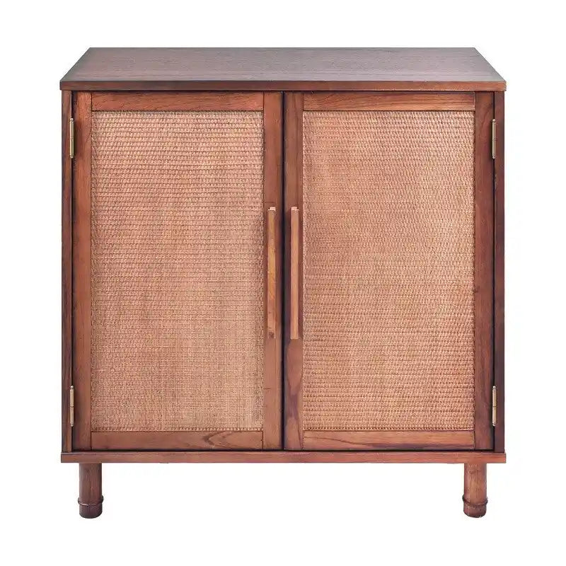 2 Door Wood Cabinet with Rattan Panel Doors and Adjustable Shelf Brown 34 in.