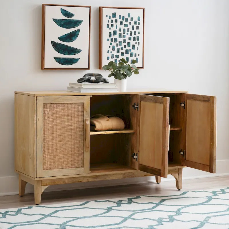 Natural Mango Wood 3 Door Cabinet with Cane Rattan Overlay