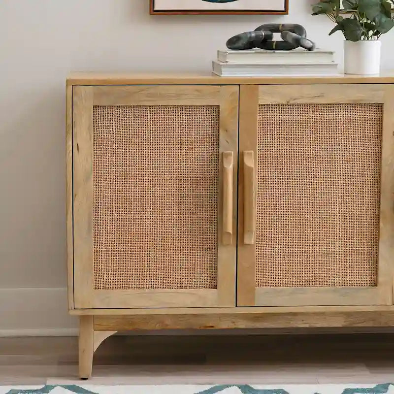 Natural Mango Wood 3 Door Cabinet with Cane Rattan Overlay