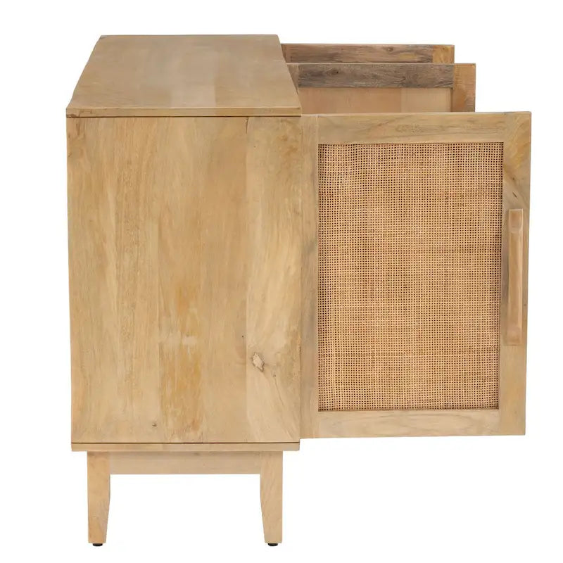 Natural Mango Wood 3 Door Cabinet with Cane Rattan Overlay