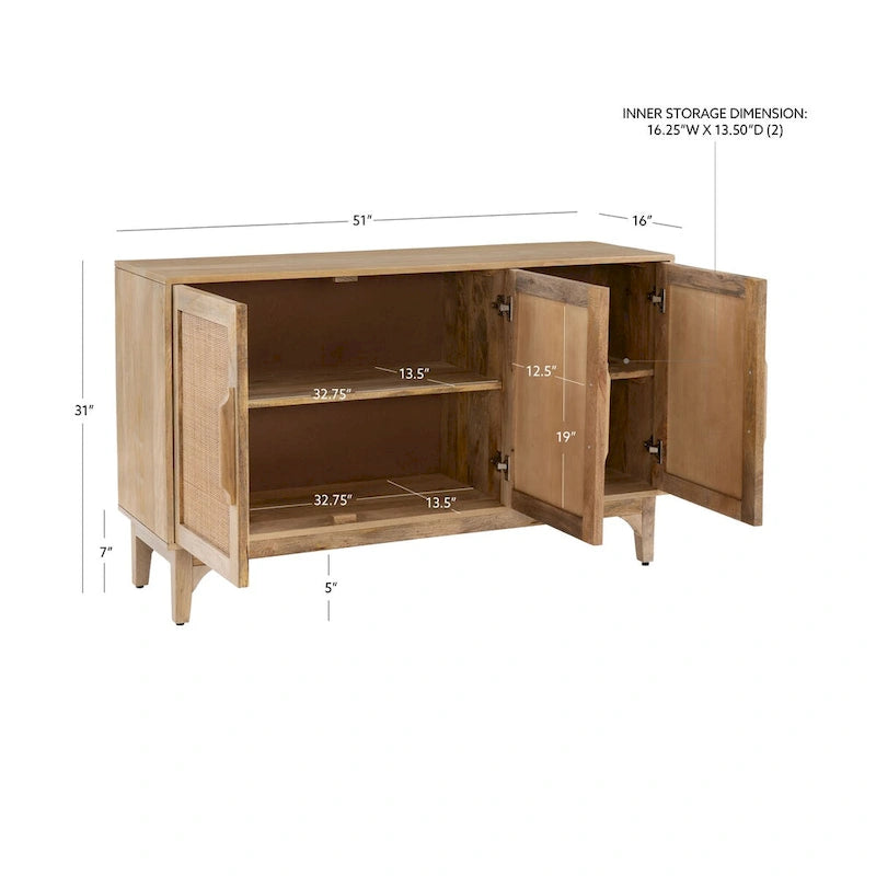 Natural Mango Wood 3 Door Cabinet with Cane Rattan Overlay