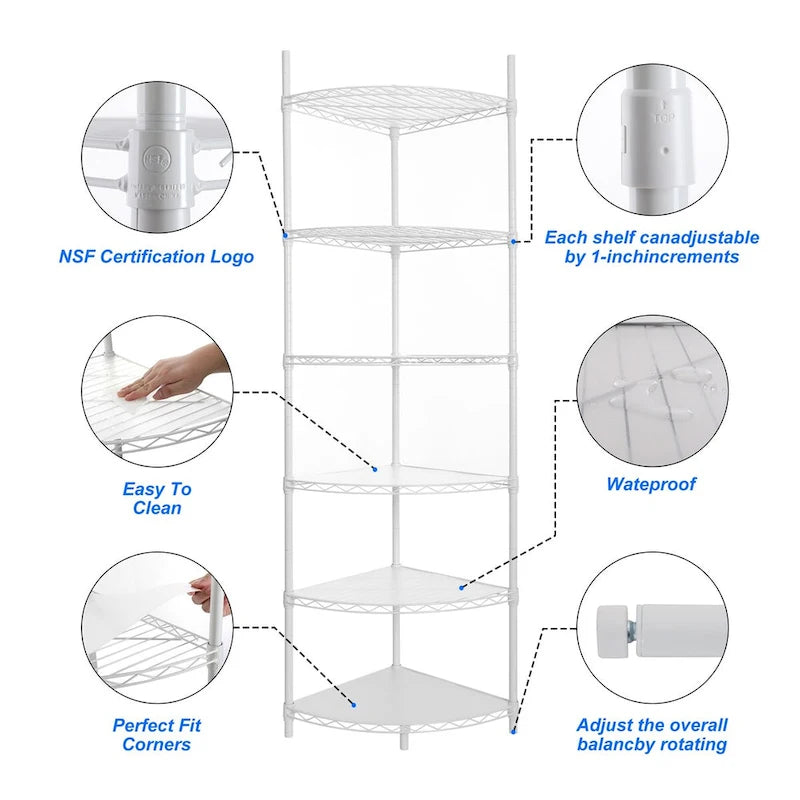 6 Tier Corner Wire Shelf Rack Adjustable with Waterproof Shelf Liners