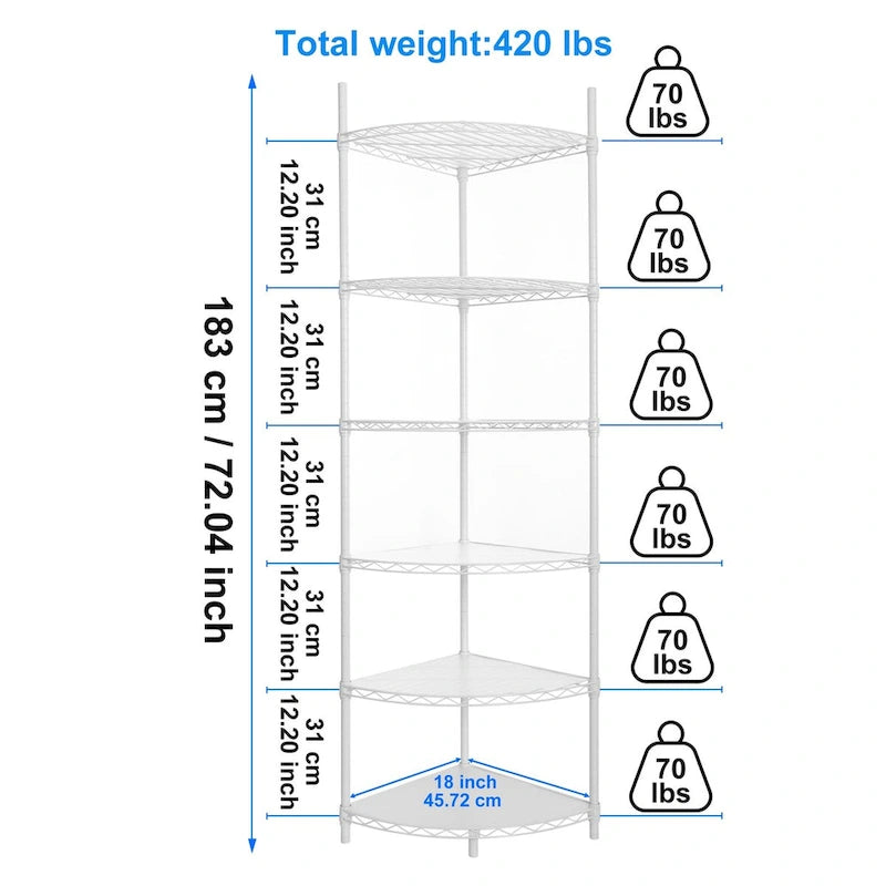 6 Tier Corner Wire Shelf Rack Adjustable with Waterproof Shelf Liners