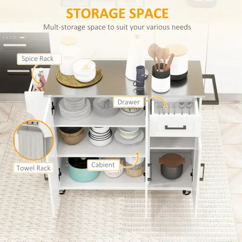 Rolling Kitchen Island with Drawer, 3 Cabinets, Spice Rack and Towel Rack, White