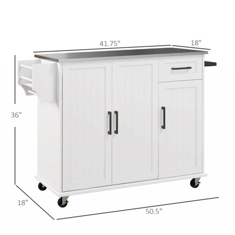 Rolling Kitchen Island with Drawer, 3 Cabinets, Spice Rack and Towel Rack, White