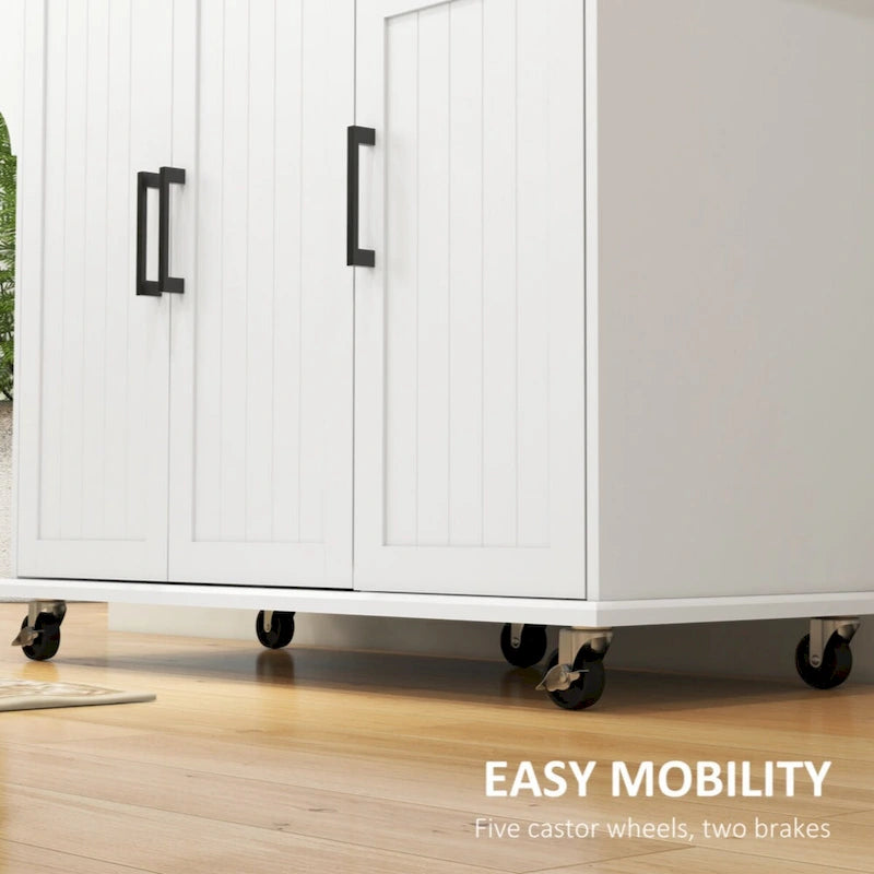 Rolling Kitchen Island with Drawer, 3 Cabinets, Spice Rack and Towel Rack, White