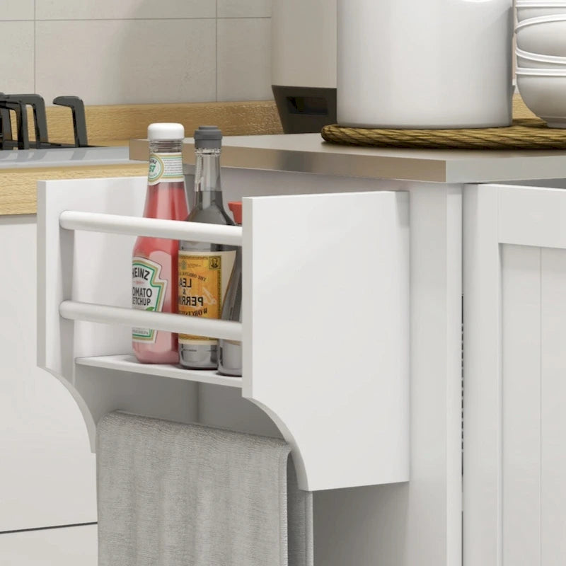 Rolling Kitchen Island with Drawer, 3 Cabinets, Spice Rack and Towel Rack, White