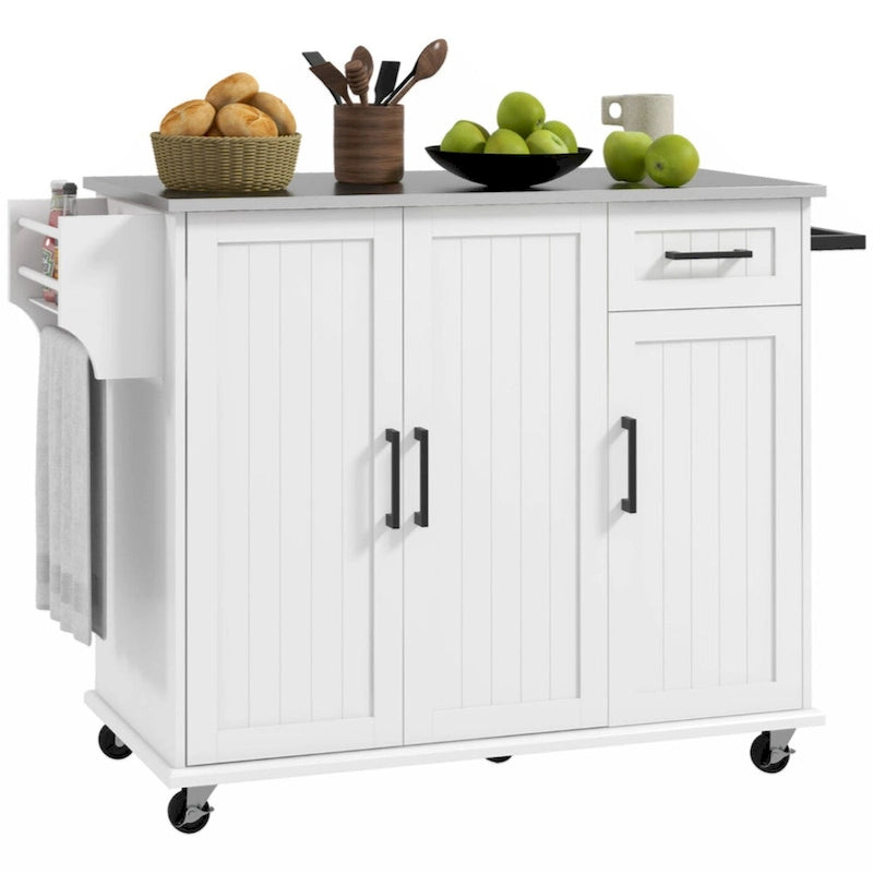 Rolling Kitchen Island with Drawer, 3 Cabinets, Spice Rack and Towel Rack, White