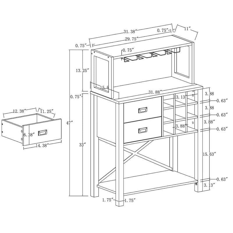 Wood Buffet Bar Cabinet with Wine Rack Holds up to 9 Bottles 32 in.