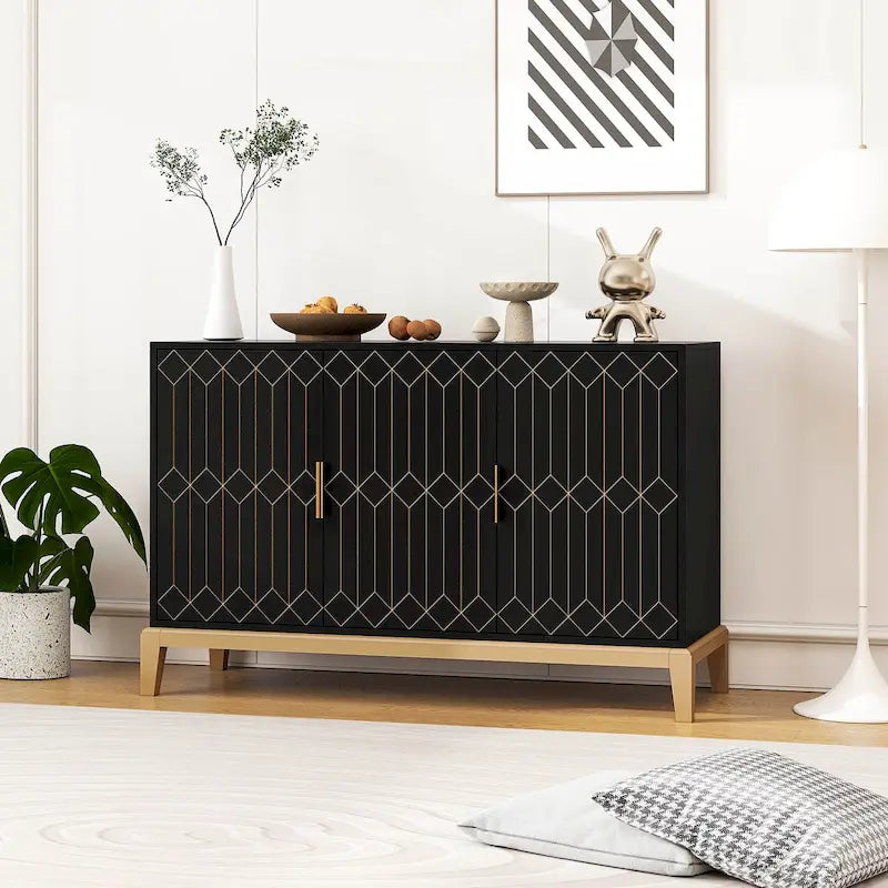 3-Door Sideboard Buffet Cabinet with Gold Handles and Adjustable Shelves, Black