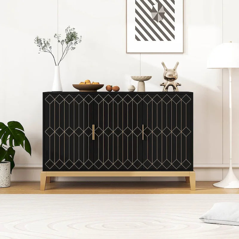 3-Door Sideboard Buffet Cabinet with Gold Handles and Adjustable Shelves, Black