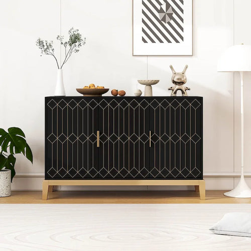3-Door Sideboard Buffet Cabinet with Gold Handles and Adjustable Shelves, Black