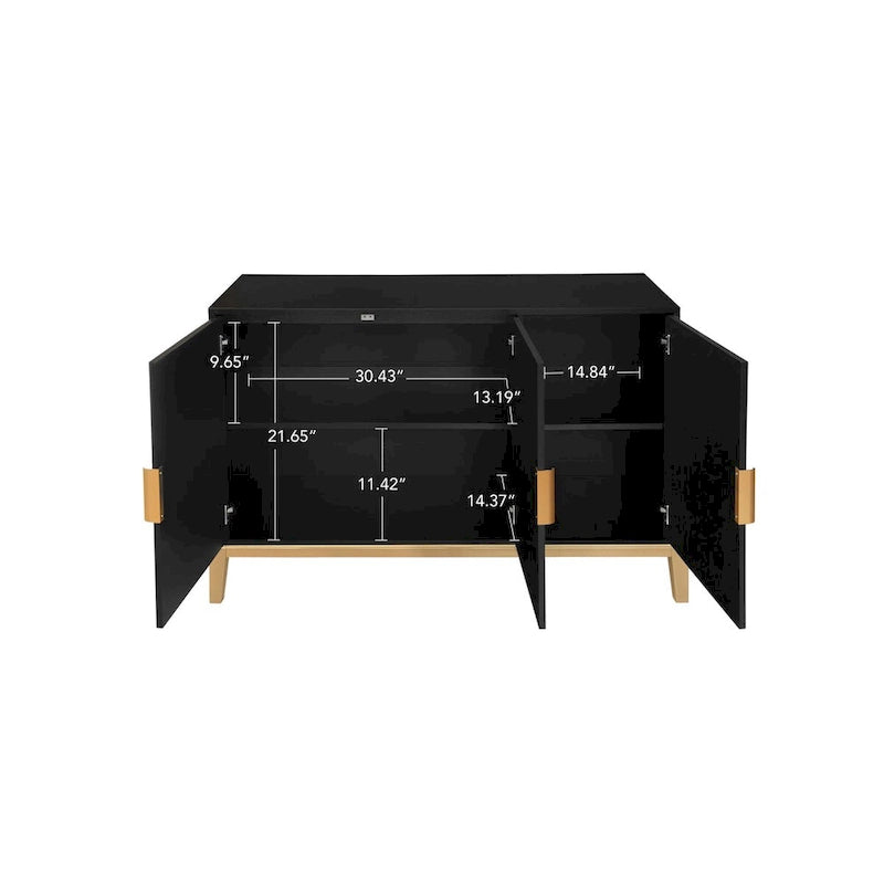 3-Door Sideboard Buffet Cabinet with Gold Handles and Adjustable Shelves, Black
