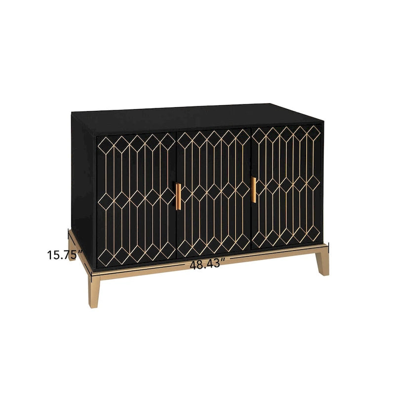 3-Door Sideboard Buffet Cabinet with Gold Handles and Adjustable Shelves, Black