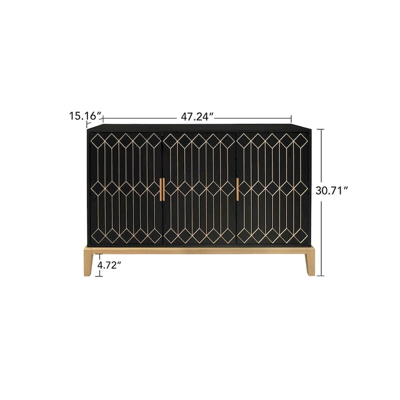 3-Door Sideboard Buffet Cabinet with Gold Handles and Adjustable Shelves, Black